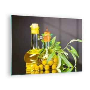 Glasbild - Bild auf glas - Flaschen mit Olivenöl und ein Zweig mit Oliven im Hintergrund - 70x50cm - Stillleben mit Oliven und Olivenöl - Moderne Wanddekoration für Wohnzimmer und Schlafzimmer ARTTOR