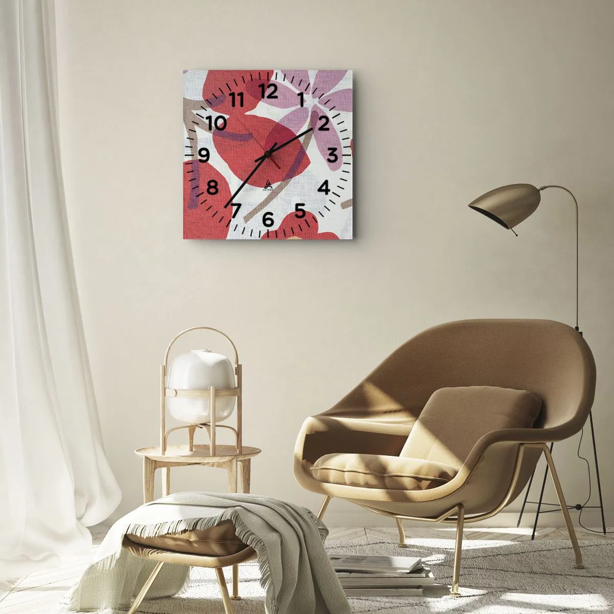 Wanduhr - Glasuhr - Blüten und Blätter in Rot- und Rosatönen - 30x30cm - Blumenarrangement in Rosa - Moderne Wanddekoration für Wohnzimmer und Schlafzimmer ARTTOR