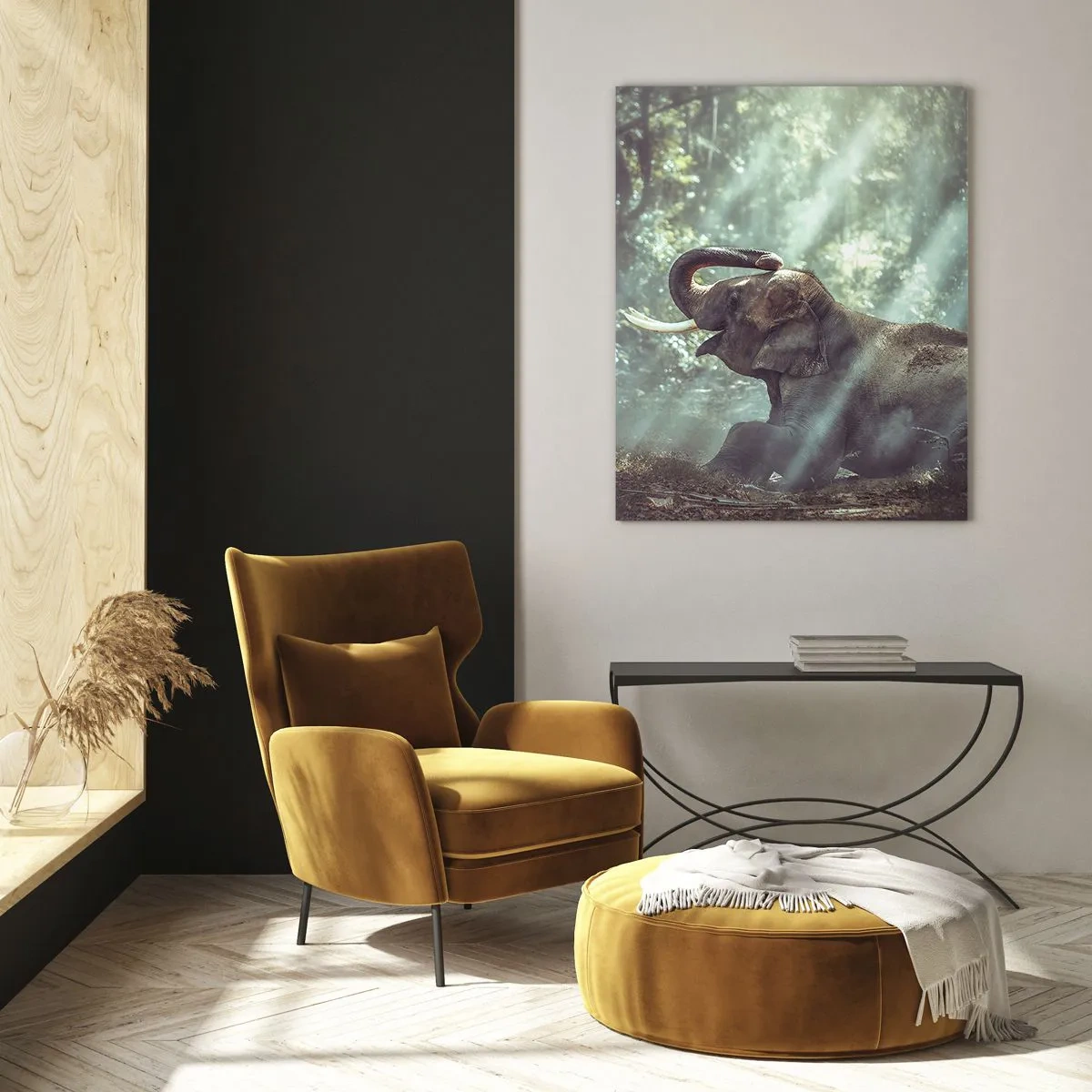 Glasbild - Bild auf glas - Ein Junge und ein Elefant in einer sonnenbeschienenen Waldlandschaft - 70x100cm - Und hör dir das an... - Moderne Wanddekoration für Wohnzimmer und Schlafzimmer ARTTOR