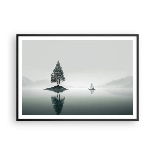 Poster in einem schwarzem Rahmen - Eine minimalistische Landschaft mit einem Baum auf einer Insel und einem Segelboot. - 100x70cm - Traum - Moderne Wanddekoration für Wohnzimmer und Schlafzimmer ARTTOR