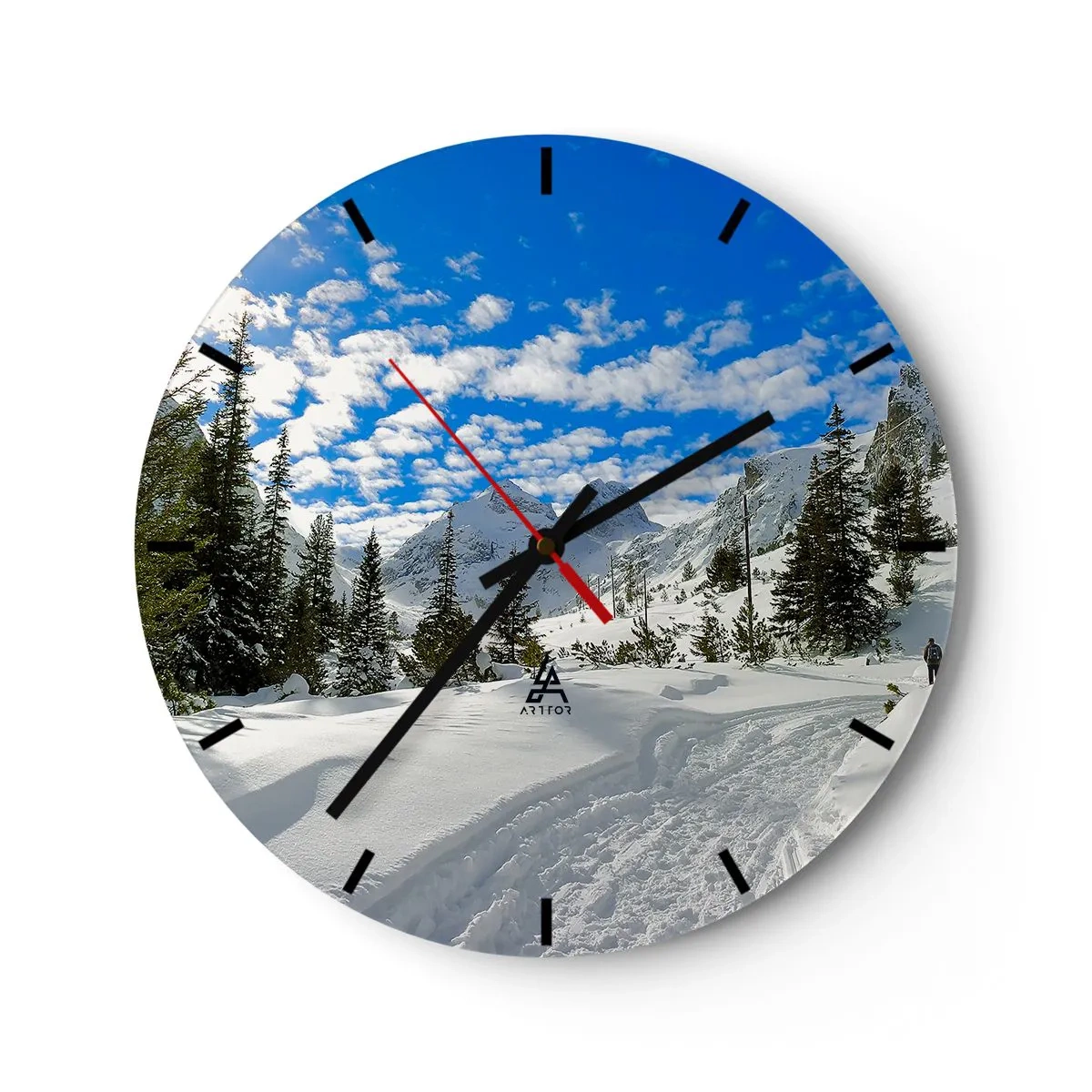 Wanduhr - Glasuhr - Winterlandschaft mit schneebedeckten Bergen und Wald - 30x30cm - Im Schnee und in der Sonne - Moderne Wanddekoration für Wohnzimmer, Küche und Schlafzimmer ARTTOR