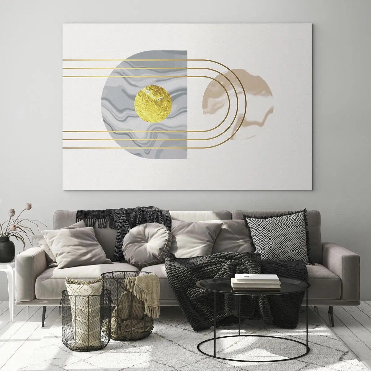 Glasbild - Bild auf glas - Abstraktes Gemälde in Gold und Grau - 120x80cm - Helligkeit und Brillanz - Moderne Wanddekoration für Wohnzimmer und Schlafzimmer ARTTOR