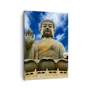 Bild auf Leinwand - Leinwandbild - Eine monumentale Buddha-Statue vor einem blauen Himmel mit Wolken - 50x70cm - Leben ohne Angst - Moderne Wanddekoration für Wohnzimmer und Schlafzimmer ARTTOR