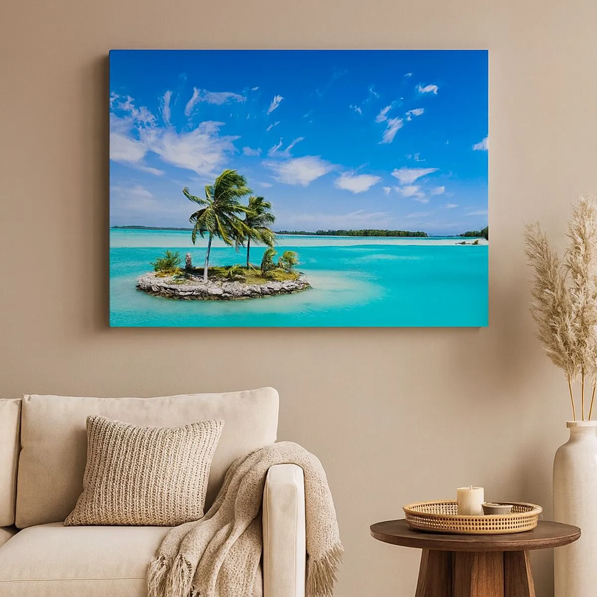 Bild auf Leinwand - Leinwandbild - Eine exotische Insel mit Palmen auf türkisfarbenem Wasser - 70x50cm - Ein Paradies auf Erden - Moderne Wanddekoration für Wohnzimmer und Schlafzimmer ARTTOR
