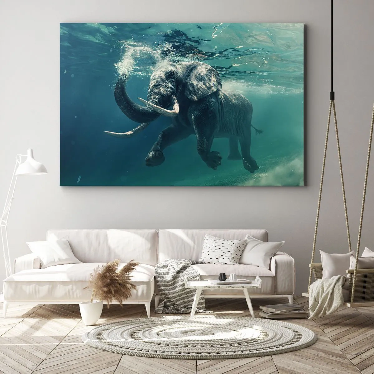 Bild auf Leinwand - Leinwandbild - Ein Elefant schwimmt unter Wasser in den türkisfarbenen Tiefen - 100x70cm - Jeder schwimmt gerne - Moderne Wanddekoration für Wohnzimmer und Schlafzimmer ARTTOR