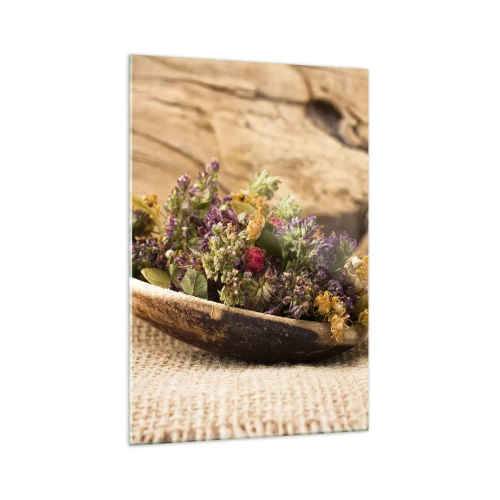 Glasbild - Bild auf glas - Getrocknete Kräuter in einem Holzlöffel auf natürlichem Holzhintergrund - 70x100cm - Bunte Blumen und duftende Kräuter - Moderne Wanddekoration für Wohnzimmer und Schlafzimmer ARTTOR