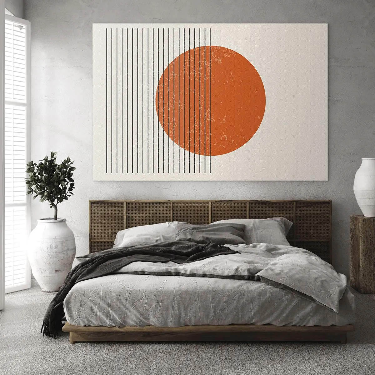 Glasbild - Bild auf glas - Geometrische Komposition mit orangefarbenem Kreis und Linien - 120x80cm - Immer die Sonne - Moderne Wanddekoration für Wohnzimmer und Schlafzimmer ARTTOR