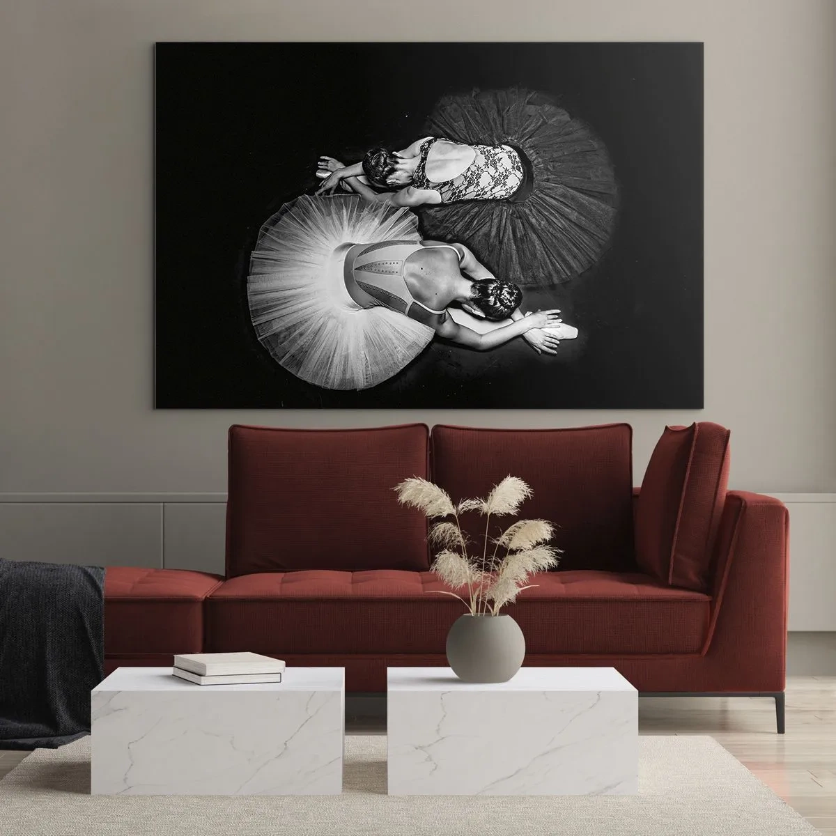 Glasbild - Bild auf glas - Zwei Ballerinas in einer Ruhepose mit schwarz-weißen Tutus - 100x70cm - Jin und Jang – perfekte Balance - Moderne Wanddekoration für Wohnzimmer und Schlafzimmer ARTTOR