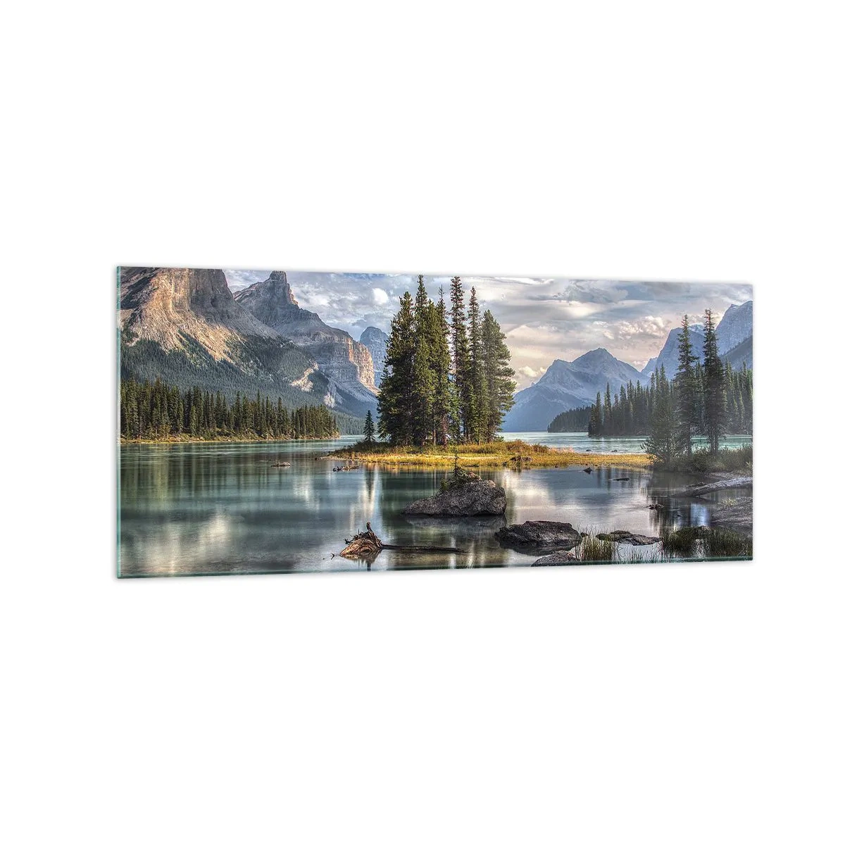 Glasbild - Bild auf glas - Eine Berglandschaft mit einer Insel, umgeben von einem ruhigen See - 120x50cm - An dem tollen und sauberen Wasser ... - Moderne Wanddekoration für Wohnzimmer und Schlafzimmer ARTTOR