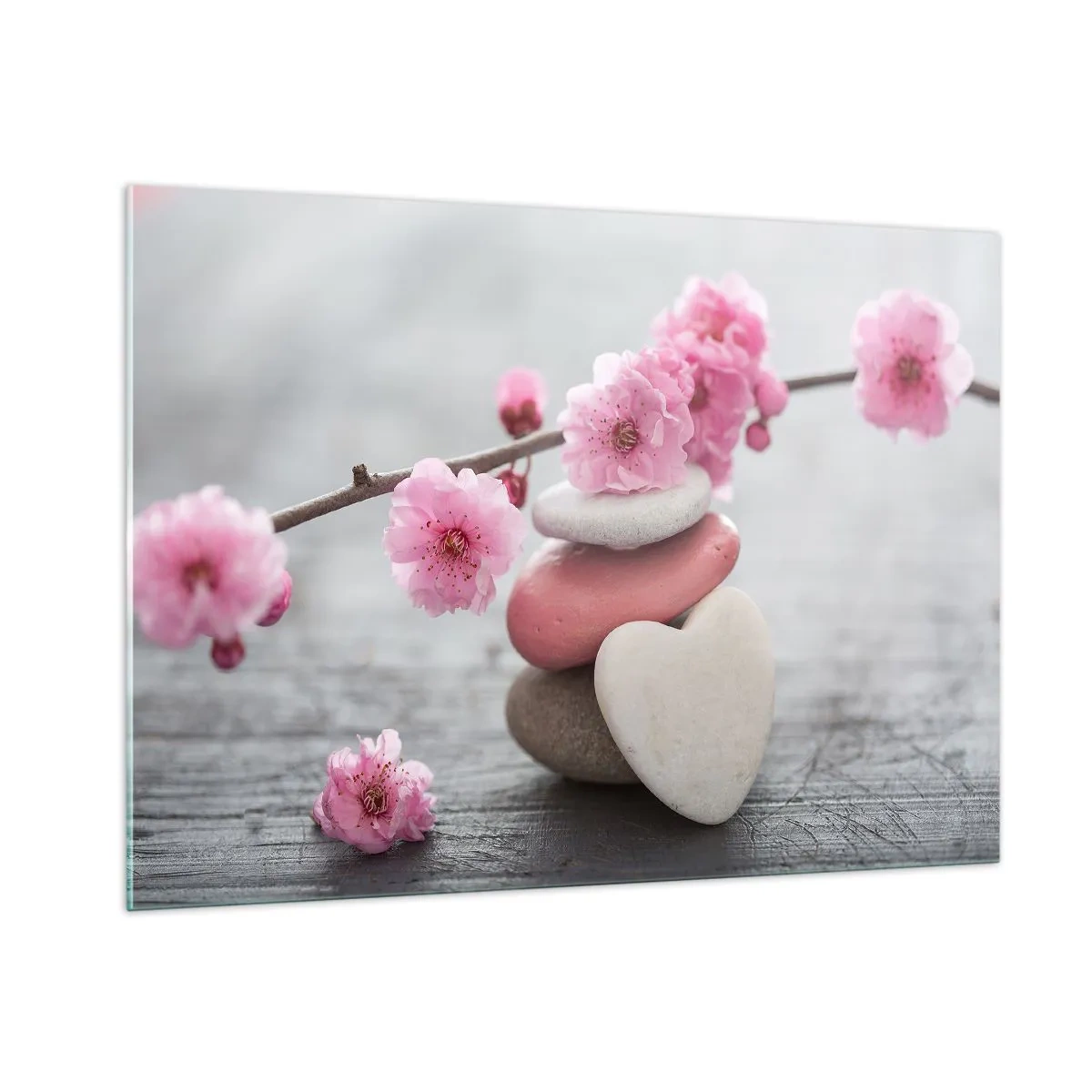 Glasbild - Bild auf glas - Rosa Kirschblüten und herzförmige Steine - 100x70cm - Glückseligkeit mit einer Kirschblüte - Moderne Wanddekoration für Wohnzimmer und Schlafzimmer ARTTOR