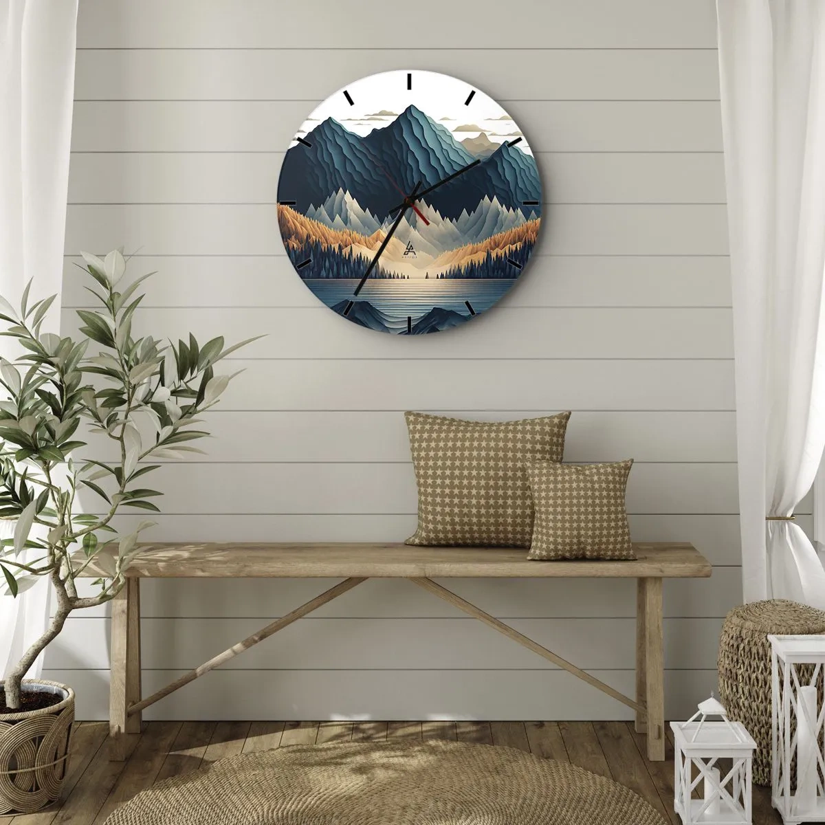 Wanduhr - Glasuhr - Berge in Marineblau- und Beigetönen über dem See am Morgen - 30x30cm - Perfekte Berglandschaft - Moderne Wanddekoration für Wohnzimmer, Küche und Schlafzimmer ARTTOR