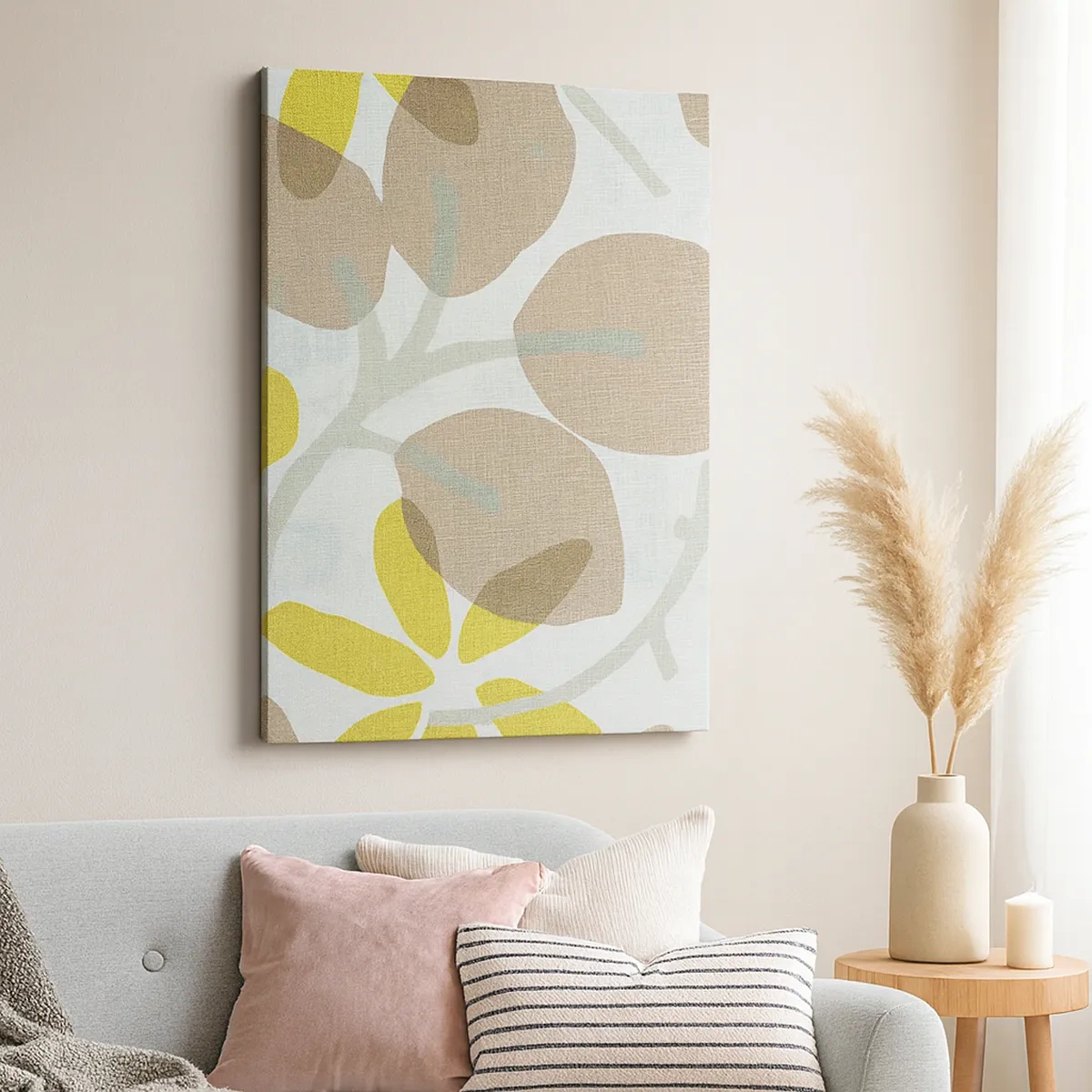 Bild auf Leinwand - Leinwandbild - Abstrakte Blätter in Beige- und Gelbtönen - 50x70cm - Komposition in voller Sonne - Moderne Wanddekoration für Wohnzimmer und Schlafzimmer ARTTOR