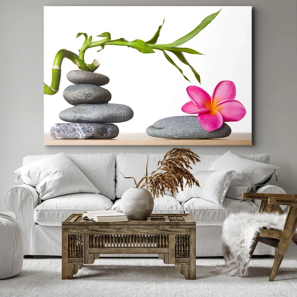 Bild auf Leinwand - Leinwandbild - Bambus und rosa Blume auf Steinen im Zen-Stil - 120x80cm - Farben des Lebens und der Dauer - Moderne Wanddekoration für Wohnzimmer und Schlafzimmer ARTTOR