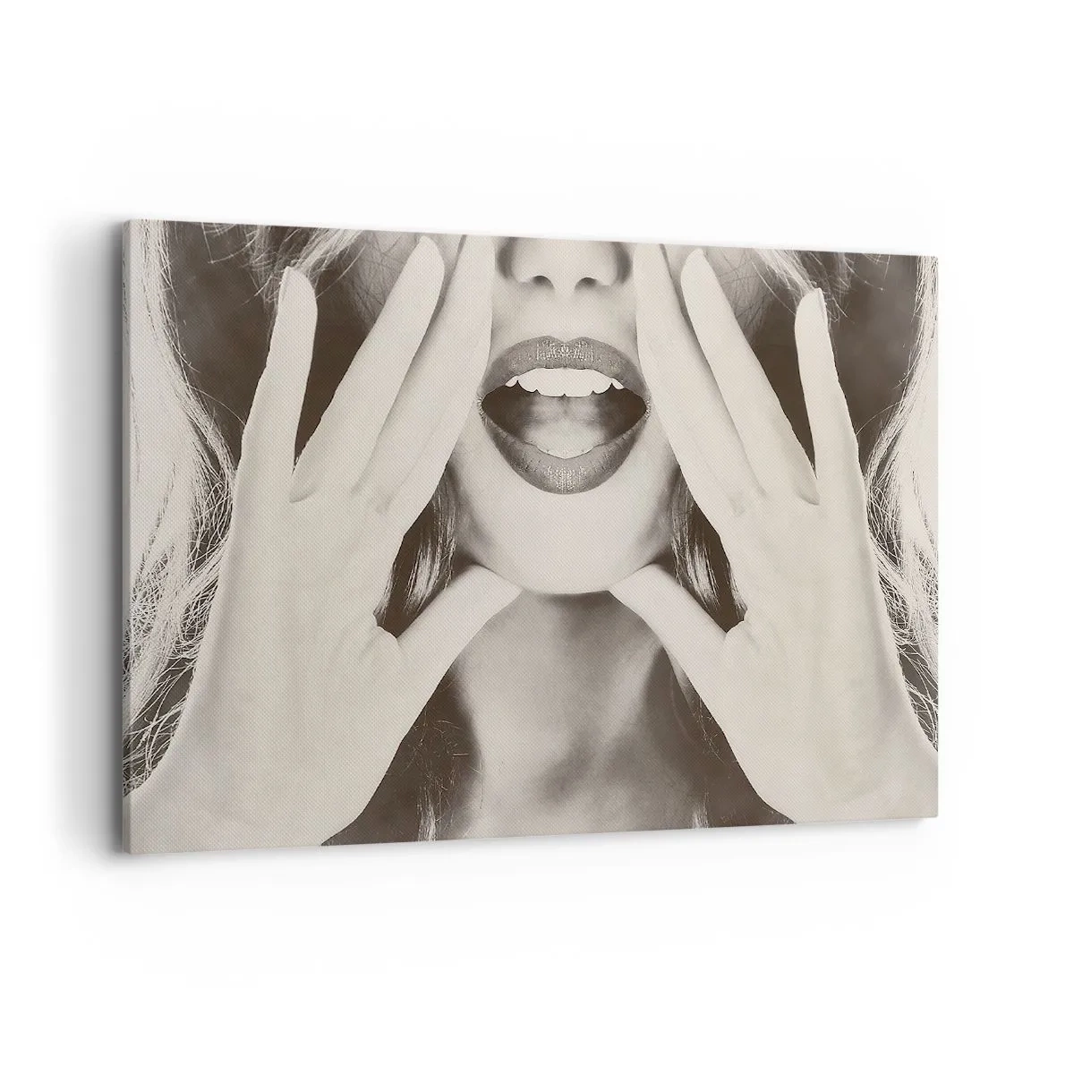 Bild auf Leinwand - Leinwandbild - Schwarz-Weiß-Porträt einer Frau mit ausdrucksstarken Lippen und Händen - 120x80cm - Ich komme schon! - Moderne Wanddekoration für Wohnzimmer und Schlafzimmer ARTTOR