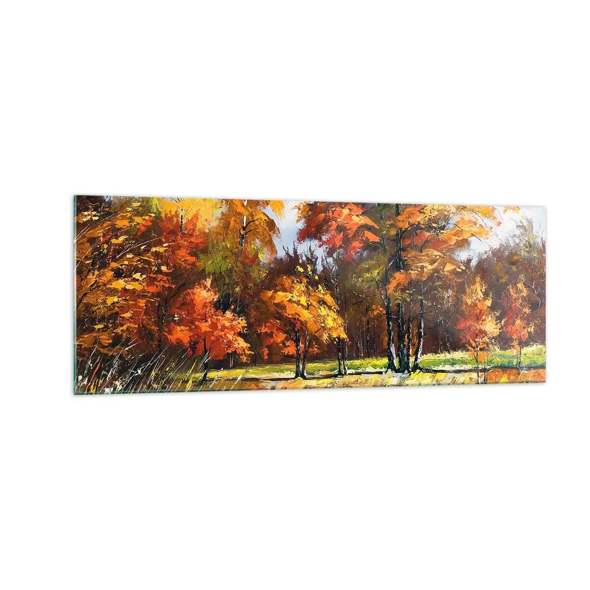 Glasbild - Bild auf glas - Herbstlandschaft mit bunten Bäumen und einem Teich - 140x50cm - Landschaft in Gold und Bronze - Moderne Wanddekoration für Wohnzimmer und Schlafzimmer ARTTOR