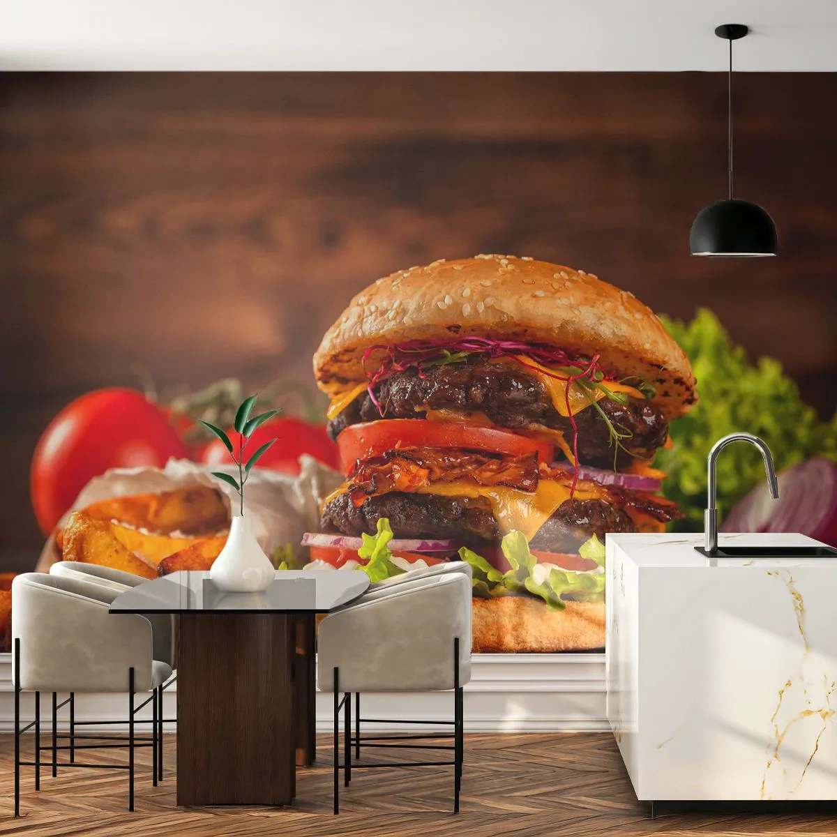 Fototapete Premium Sand - Die verbotene Frucht - Gastronomie, Hamburger, Burger - 500x350 cm
