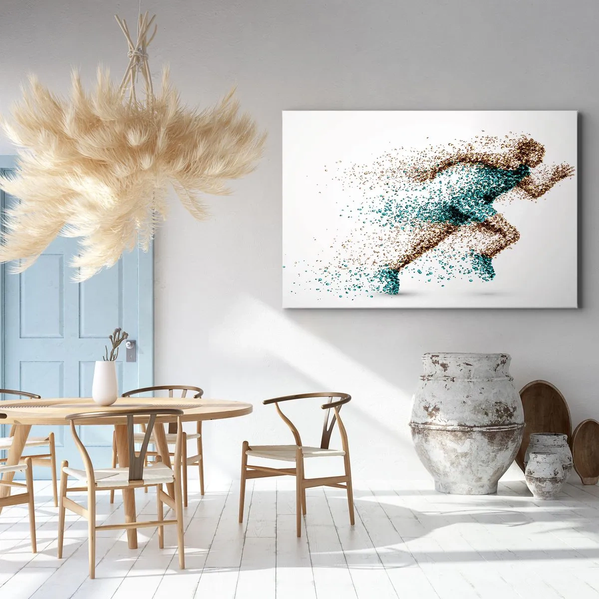 Bild auf Leinwand - Leinwandbild - Eine dynamische Läuferfigur aus winzigen Partikeln - 70x50cm - Das Leben ist ein Lauf - Moderne Wanddekoration für Wohnzimmer und Schlafzimmer ARTTOR
