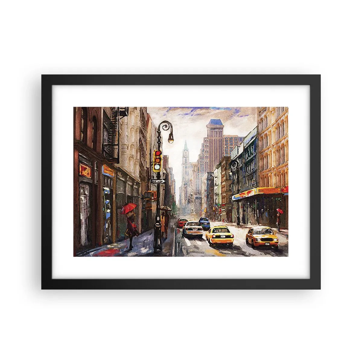Poster in einem schwarzem Rahmen - New York - auch im Regen bunt - 40x30 cm