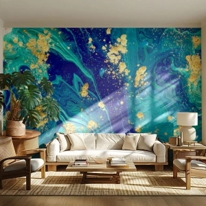 Fototapete Premium Sand - Abstraktion in Marineblautönen mit goldenen Akzenten - 100x70cm - Die Blütenblätter der Sonne - Moderne Wanddekoration für Wohnzimmer und Schlafzimmer ARTTOR