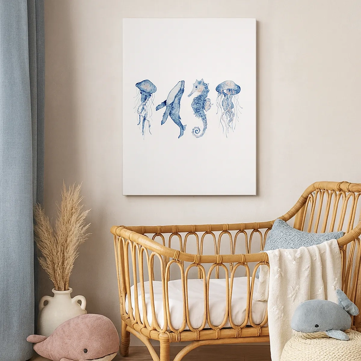 Bild auf Leinwand - Leinwandbild - Quallen, Wale und Seepferdchen im Aquarellstil - 50x70cm - Meereswunder - Moderne Wanddekoration für Wohnzimmer und Schlafzimmer ARTTOR