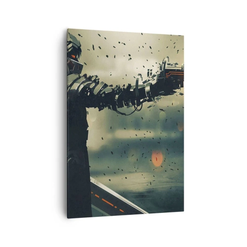 Bild auf Leinwand - Leinwandbild - Kybernetischer Krieger mit futuristischen Waffen - 70x100cm - Tödliche Waffe - Dein ganz eigener Terminator - Moderne Wanddekoration für Wohnzimmer und Schlafzimmer ARTTOR