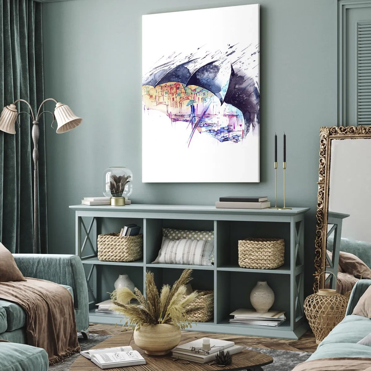 Bild auf Leinwand - Leinwandbild - Im Regen spazieren gehen - 45x80 cm