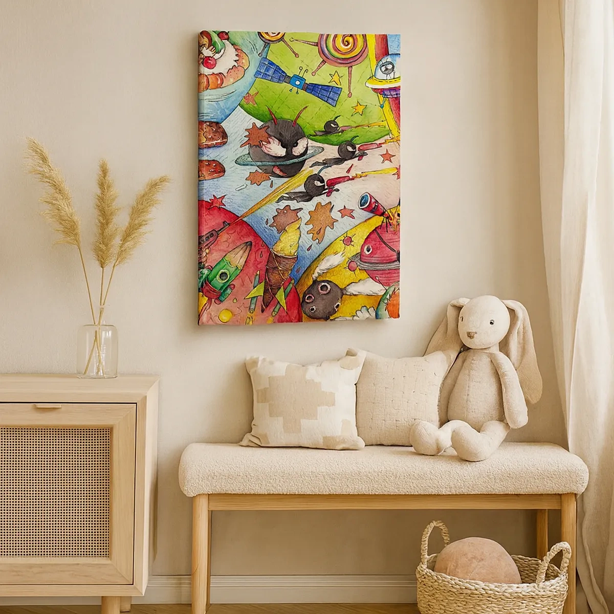 Bild auf Leinwand - Leinwandbild - Eine bunte Weltraumszene voller Kinder und Raumschiffe - 50x70cm - Tolles Weltraumabenteuer - Moderne Wanddekoration für Wohnzimmer und Schlafzimmer ARTTOR