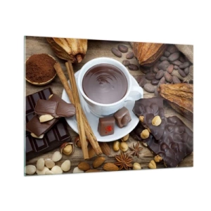 Glasbild - Bild auf glas - Eine Tasse heiße Schokolade mit Toppings auf rustikalem Hintergrund - 100x70cm - Aus einer märchenhaften Schokoladenfabrik - Moderne Wanddekoration für Wohnzimmer und Schlafzimmer ARTTOR