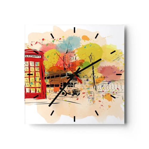 Wanduhr - Glasuhr - London-Thema mit rotem Bus und Stand - 30x30cm - Die Stadt der Vielfalt - Moderne Wanddekoration für Wohnzimmer und Schlafzimmer ARTTOR