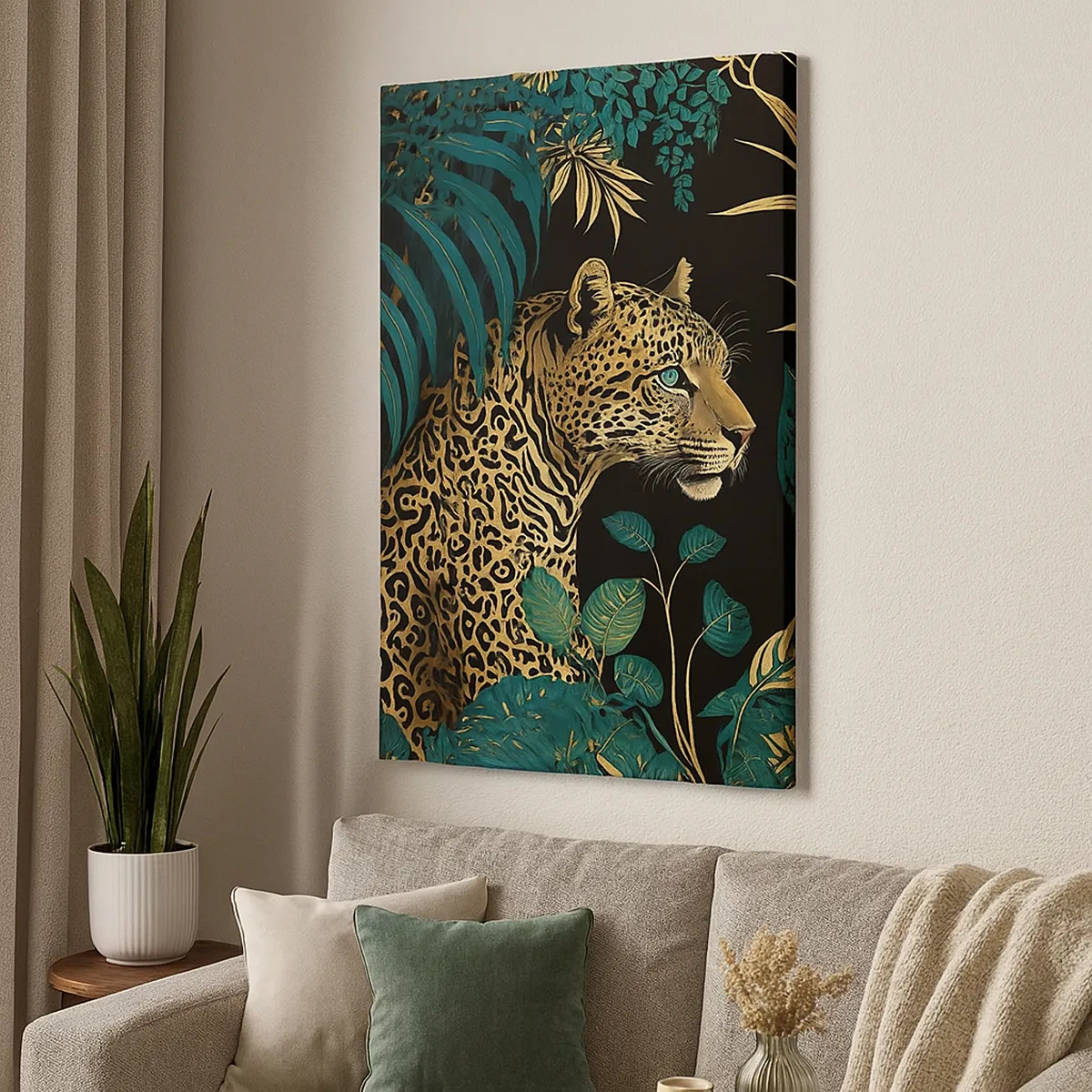 Bild auf Leinwand - Leinwandbild - Leopard in tropischen Blättern auf schwarzem Hintergrund - 50x70cm - Gastgeber im Dschungel - Moderne Wanddekoration für Wohnzimmer und Schlafzimmer ARTTOR