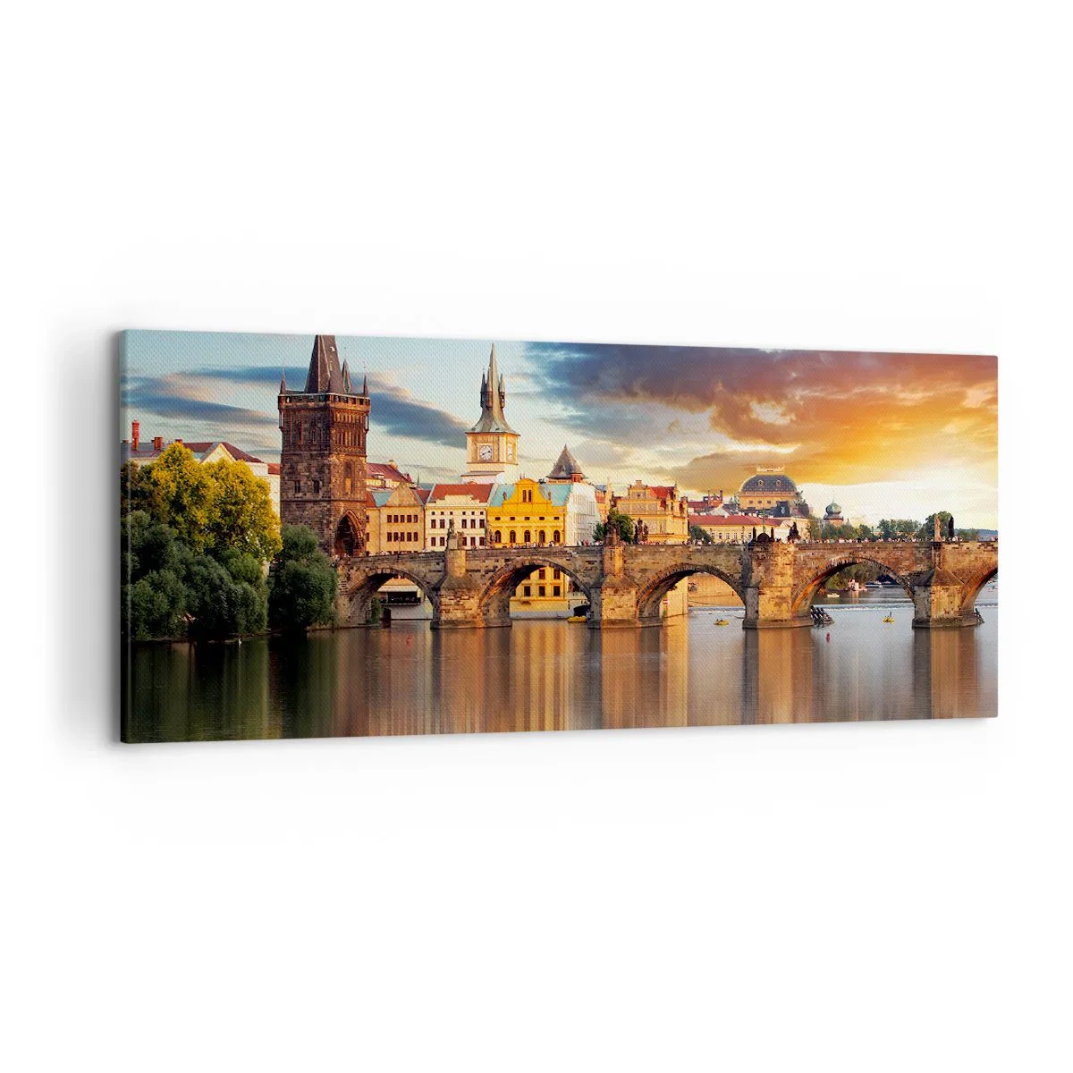 Bild auf Leinwand - Leinwandbild - Die historische Brücke über den Fluss im Licht der untergehenden Sonne - 120x50cm - Schön seit Ewigkeiten - Moderne Wanddekoration für Wohnzimmer und Schlafzimmer ARTTOR