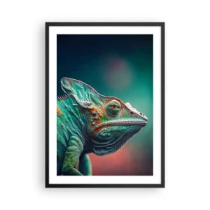 Poster in einem schwarzem Rahmen - Ein farbenfrohes Chamäleon auf auffälligem Hintergrund - 50x70cm - Siehst du mich? Nicht gut… - Moderne Wanddekoration für Wohnzimmer und Schlafzimmer ARTTOR