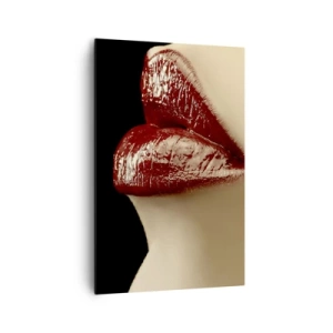 Bild auf Leinwand - Leinwandbild - Rote Lippen und Lippenstift auf schwarzem Hintergrund - 80x120cm - Sinnlichkeit und Brillanz von Karmin - Moderne Wanddekoration für Wohnzimmer und Schlafzimmer ARTTOR