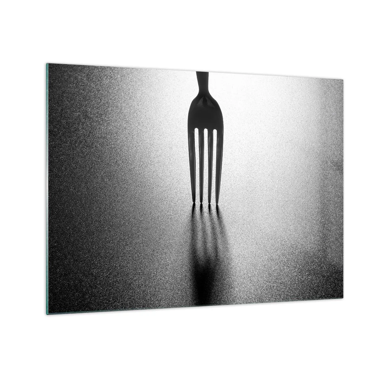 Glasbild - Bild auf glas - Eine Gabel wirft einen Schatten in einer minimalistischen Schwarz-Weiß-Komposition - 70x50cm - Licht und Schatten - Moderne Wanddekoration für Wohnzimmer und Schlafzimmer ARTTOR