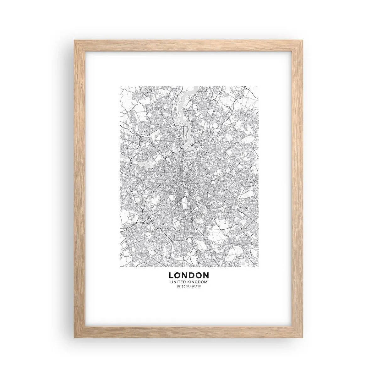 Poster in einem Rahmen aus heller Eiche - Karte des Labyrinths von London - 30x40 cm