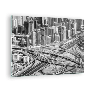 Glasbild - Bild auf glas - Schwarz-Weiß-Panorama der Stadt mit Autobahnkreuz - 70x50cm - Dubai - die unmögliche Stadt - Moderne Wanddekoration für Wohnzimmer und Schlafzimmer ARTTOR