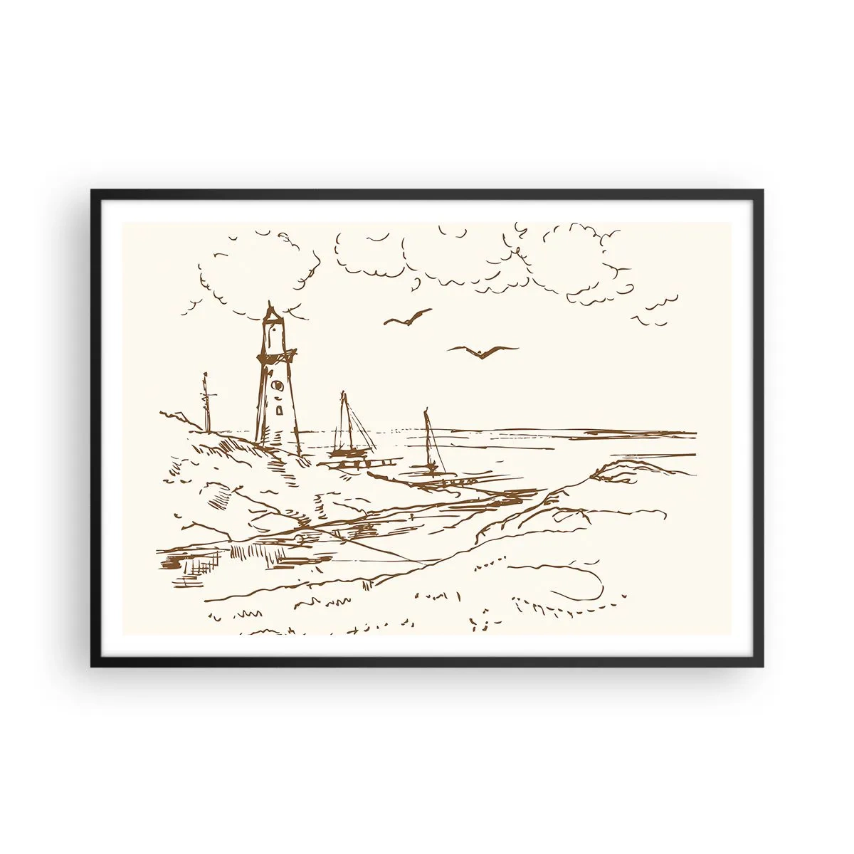 Poster in einem schwarzem Rahmen - Skizze eines Leuchtturms mit Blick auf das Meer - 100x70cm - Ein Überblick über die Erinnerungen an den Sommer - Moderne Wanddekoration für Wohnzimmer und Schlafzimmer ARTTOR