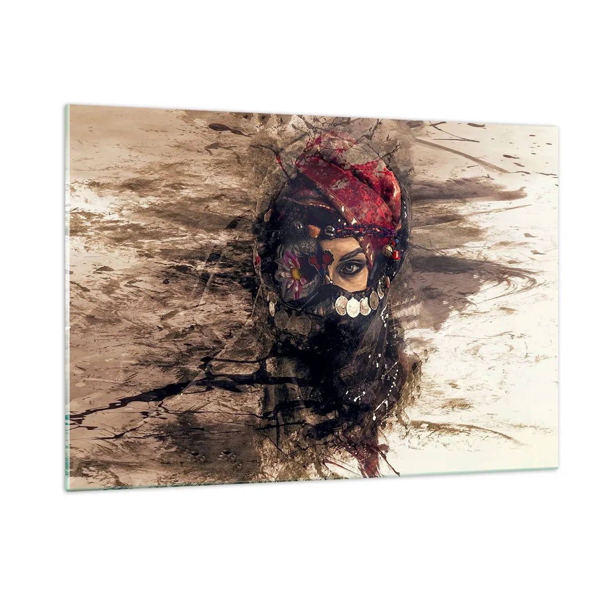 Glasbild - Bild auf glas - Porträt einer geheimnisvollen Frau mit rotem Turban - 120x80cm - Gelinde gesagt besorgniserregend - Moderne Wanddekoration für Wohnzimmer und Schlafzimmer ARTTOR