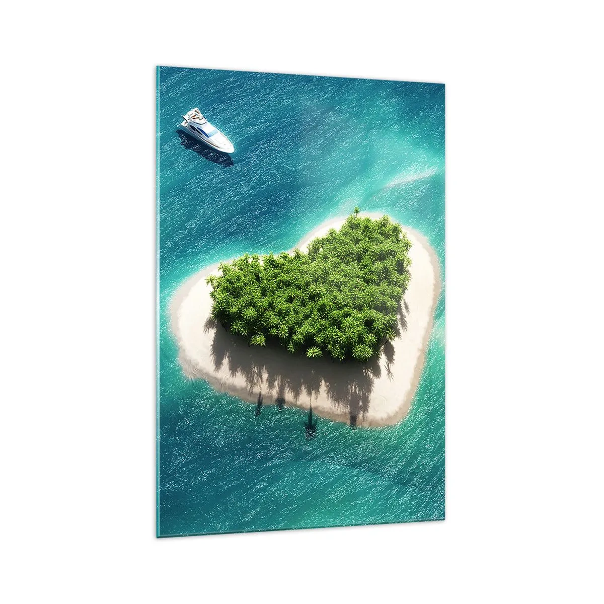 Glasbild - Bild auf glas - Eine romantische herzförmige Insel in einem türkisfarbenen Meer - 70x100cm - ich liebe Sommer - Moderne Wanddekoration für Wohnzimmer und Schlafzimmer ARTTOR