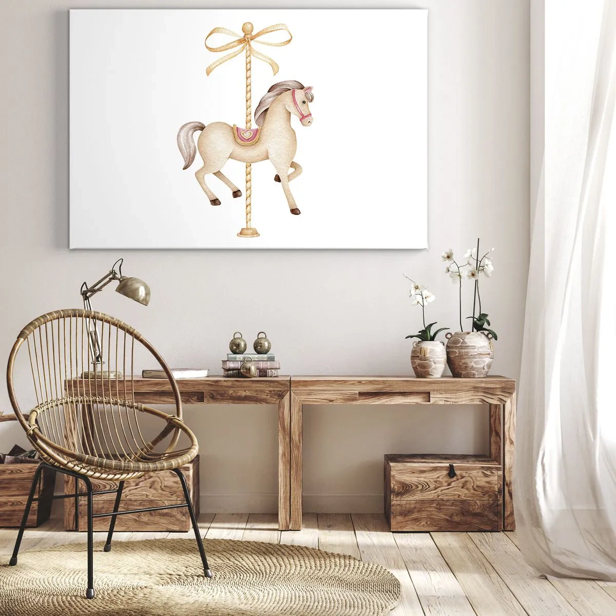 Bild auf Leinwand - Leinwandbild - Ein Karussellpferd mit Schleife in zarten Pastelltönen - 70x50cm - Anmutiger Trab - Moderne Wanddekoration für Wohnzimmer und Schlafzimmer ARTTOR