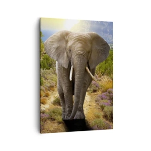 Bild auf Leinwand - Leinwandbild - Ein afrikanischer Elefant vor einer Savannen- und Berglandschaft - 50x70cm - So sah Eden aus - Moderne Wanddekoration für Wohnzimmer und Schlafzimmer ARTTOR