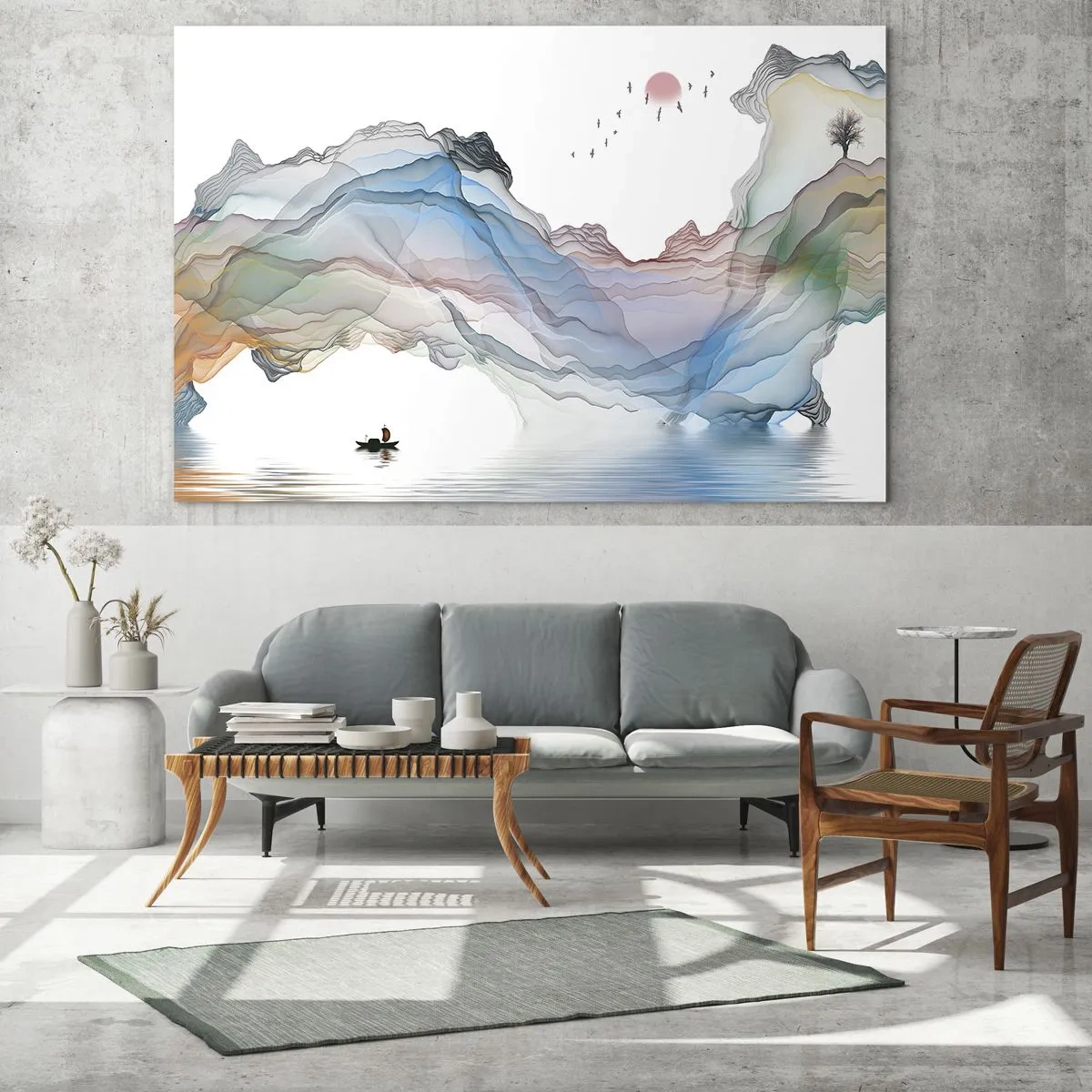 Glasbild - Bild auf glas - Eine subtile Landschaft mit Bergen, Wasser und einem Boot - 120x50cm - Zu den Kristallbergen - Moderne Wanddekoration für Wohnzimmer und Schlafzimmer ARTTOR