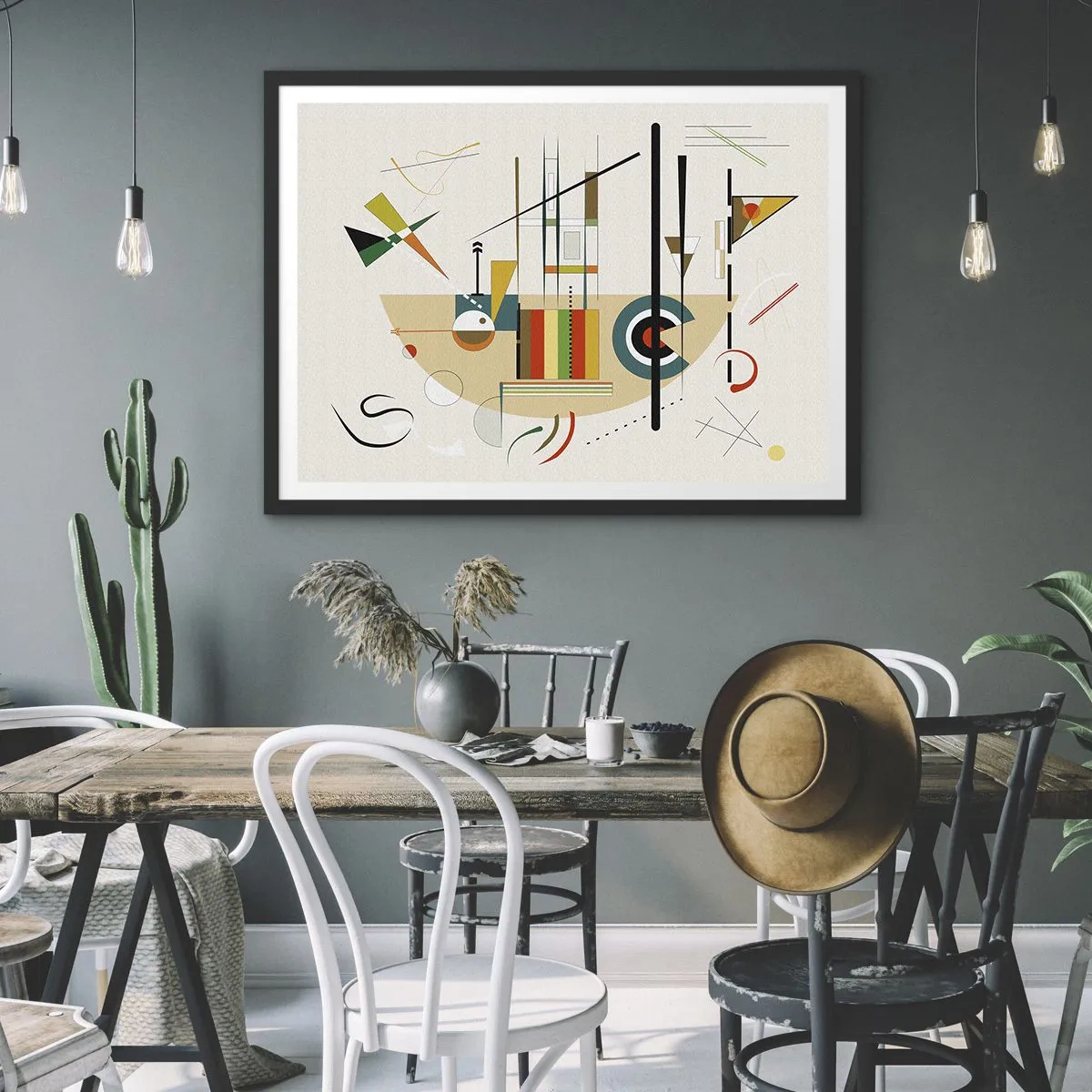 Poster in einem schwarzem Rahmen - Bunte Abstraktion mit geometrischen Formen - 70x50cm - Und die Welt lacht - Moderne Wanddekoration für Wohnzimmer und Schlafzimmer ARTTOR