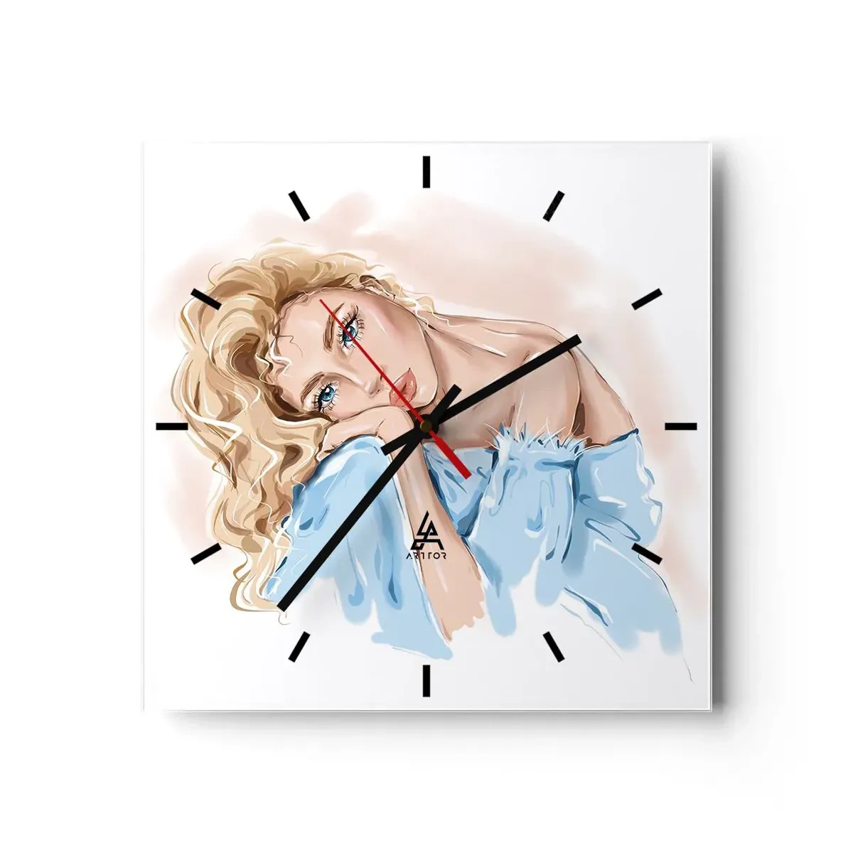 Wanduhr - Glasuhr - Porträt einer Frau in einem blauen Kleid mit blonden Haaren - 30x30cm - Verträumt im Blau - Moderne Wanddekoration für Wohnzimmer und Schlafzimmer ARTTOR