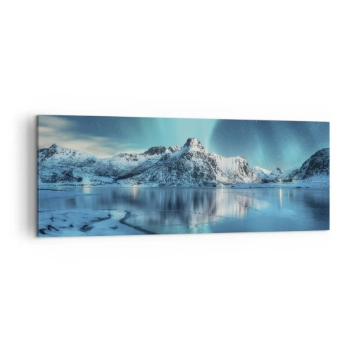 Bild auf Leinwand - Leinwandbild - Aurora Borealis über schneebedeckten Bergen und einem See - 140x50cm - Lichtnacht - Moderne Wanddekoration für Wohnzimmer und Schlafzimmer ARTTOR