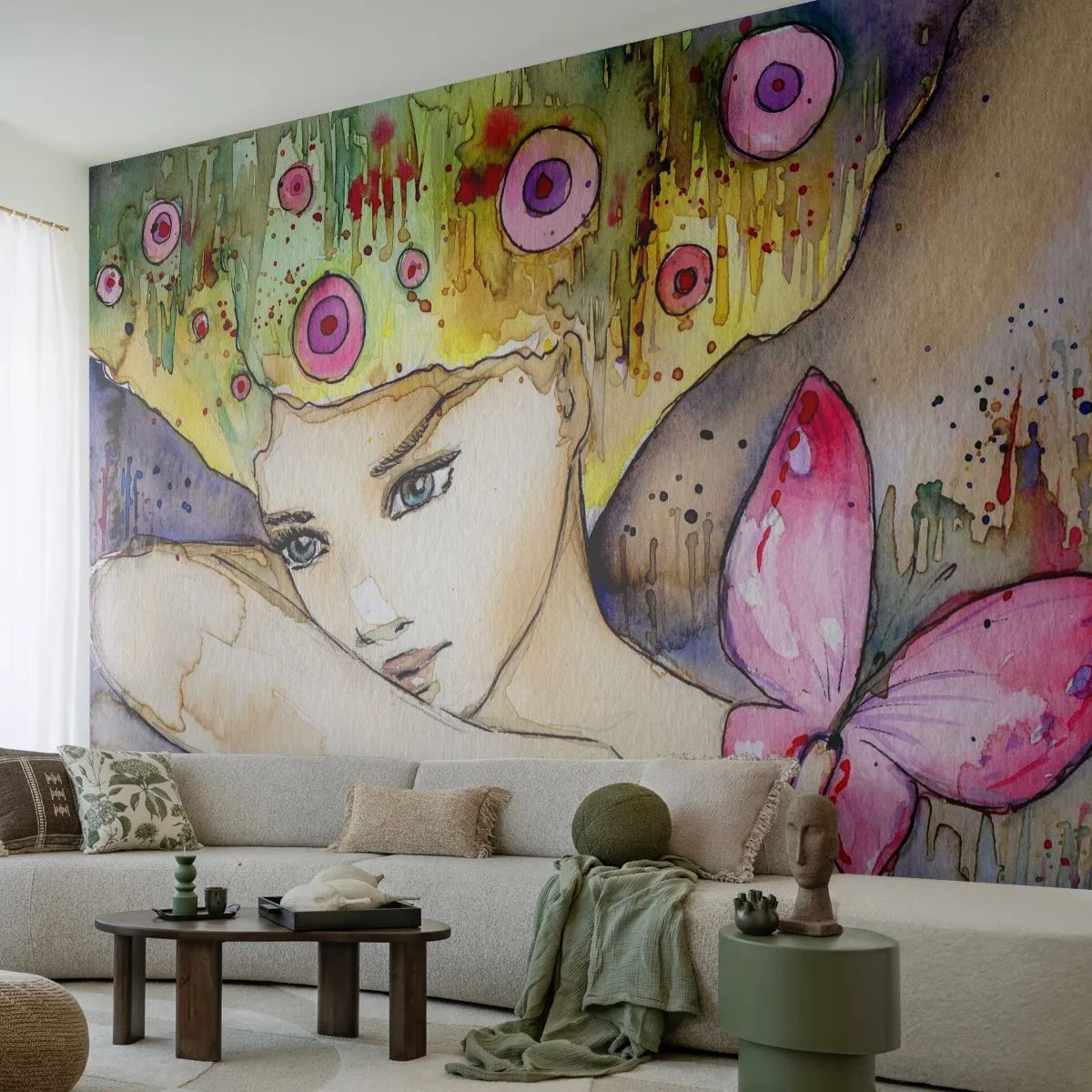 Fototapete Premium Sand - Aquarell-Illustration einer Frau mit bunten Details und einem Schmetterling - 100x70cm - Schmetterlingsprinzessin - Moderne Wanddekoration für Wohnzimmer und Schlafzimmer ARTTOR