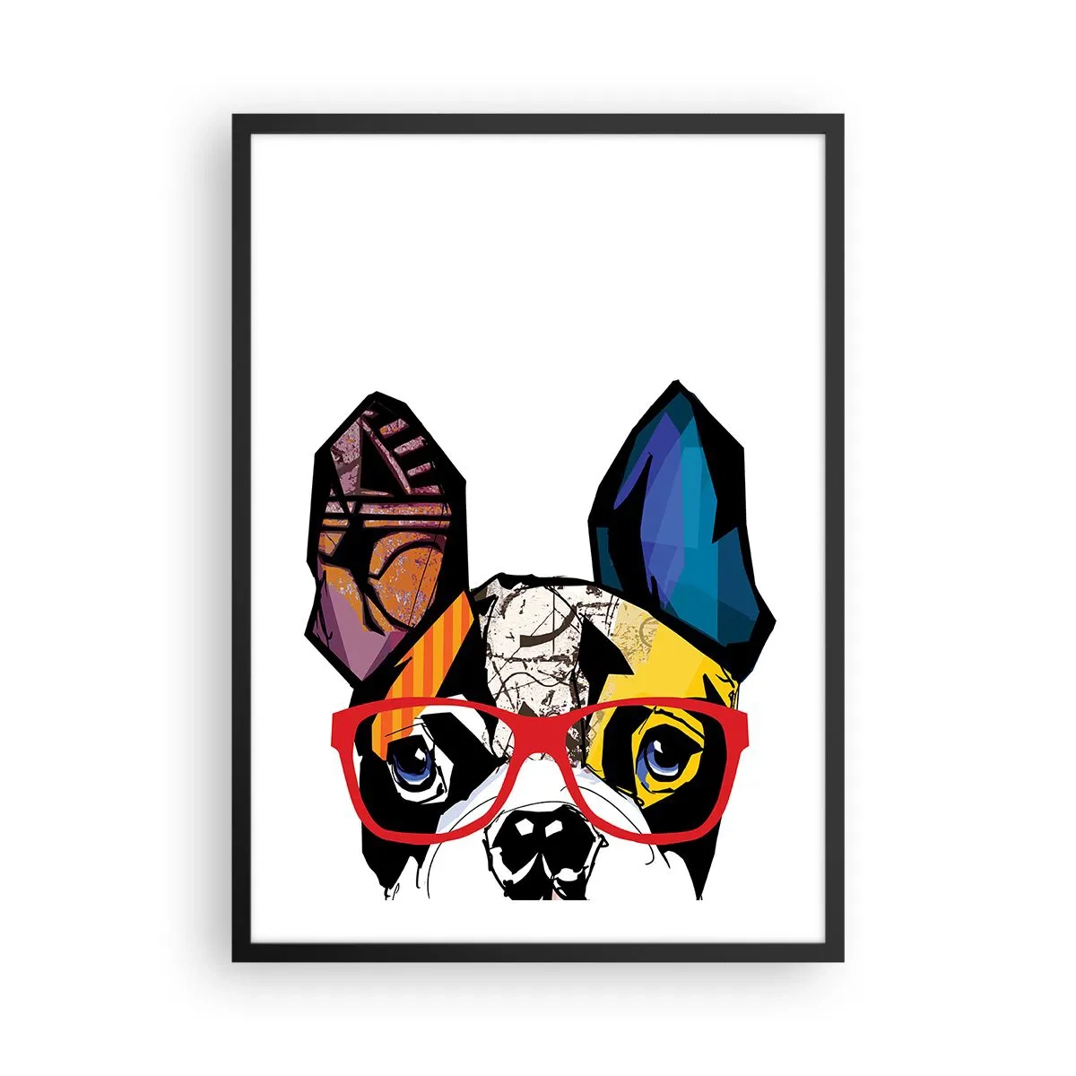 Poster in einem schwarzem Rahmen - Buntes Porträt eines Hundes mit Brille - 50x70cm - Intellektuelle - Moderne Wanddekoration für Wohnzimmer und Schlafzimmer ARTTOR