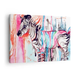 Bild auf Leinwand - Leinwandbild - Ein buntes Zebra vor einem Hintergrund aus abstrakten Aquarellmustern - 70x50cm - Unbeschwerter Witz der Natur - Moderne Wanddekoration für Wohnzimmer und Schlafzimmer ARTTOR