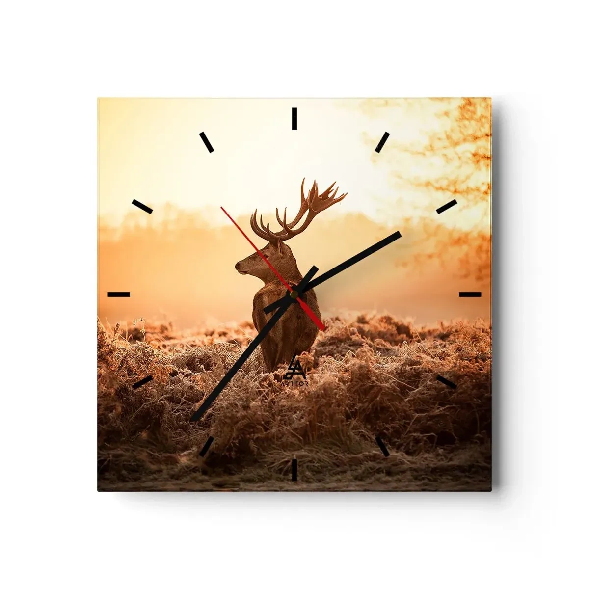 Wanduhr - Glasuhr - Hirsch in den Strahlen der aufgehenden Sonne - 30x30cm - Herr im eigenen Land - Moderne Wanddekoration für Wohnzimmer und Schlafzimmer ARTTOR