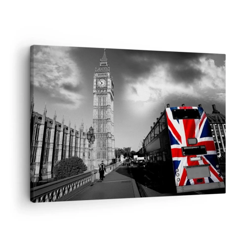Bild auf Leinwand - Leinwandbild - Big Ben und ein Bus mit britischer Flagge vor schwarz-weißem Hintergrund - 70x50cm - Stolz und toll - Moderne Wanddekoration für Wohnzimmer und Schlafzimmer ARTTOR